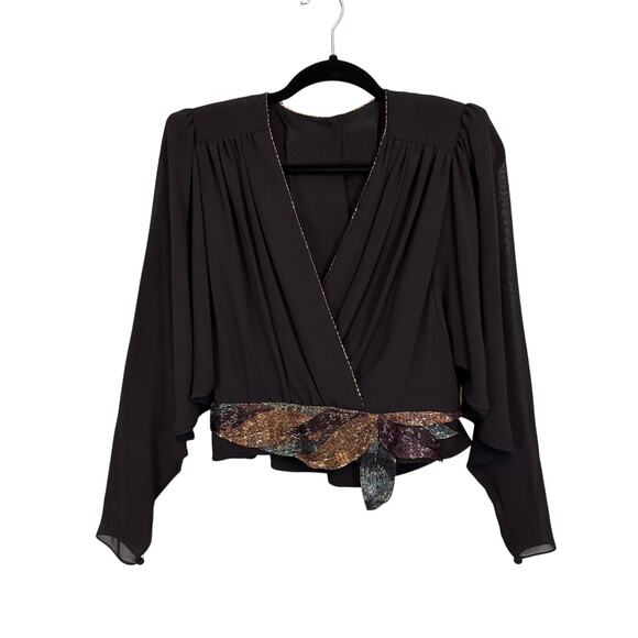 VTG Denise Fashions Blouse M Black Pleated Surplice Sheer Batwing Beaded Hem USA - Picture 1 of 10